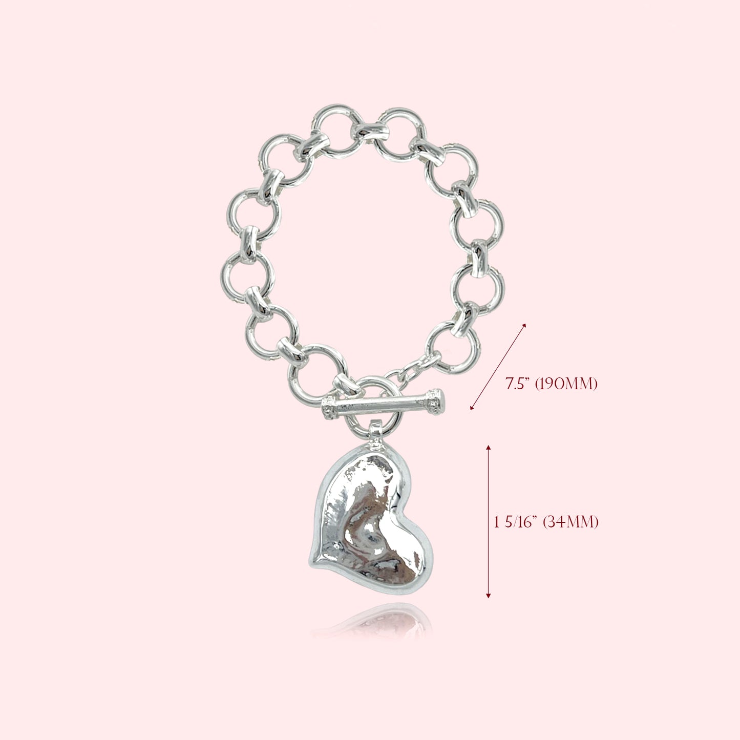 Hammered Bold Heart Toggle Bracelet, Heart Statement Pendant Toggle Bracelet, Handmade Toggle Hammered Texture Heart Charm Bracelet