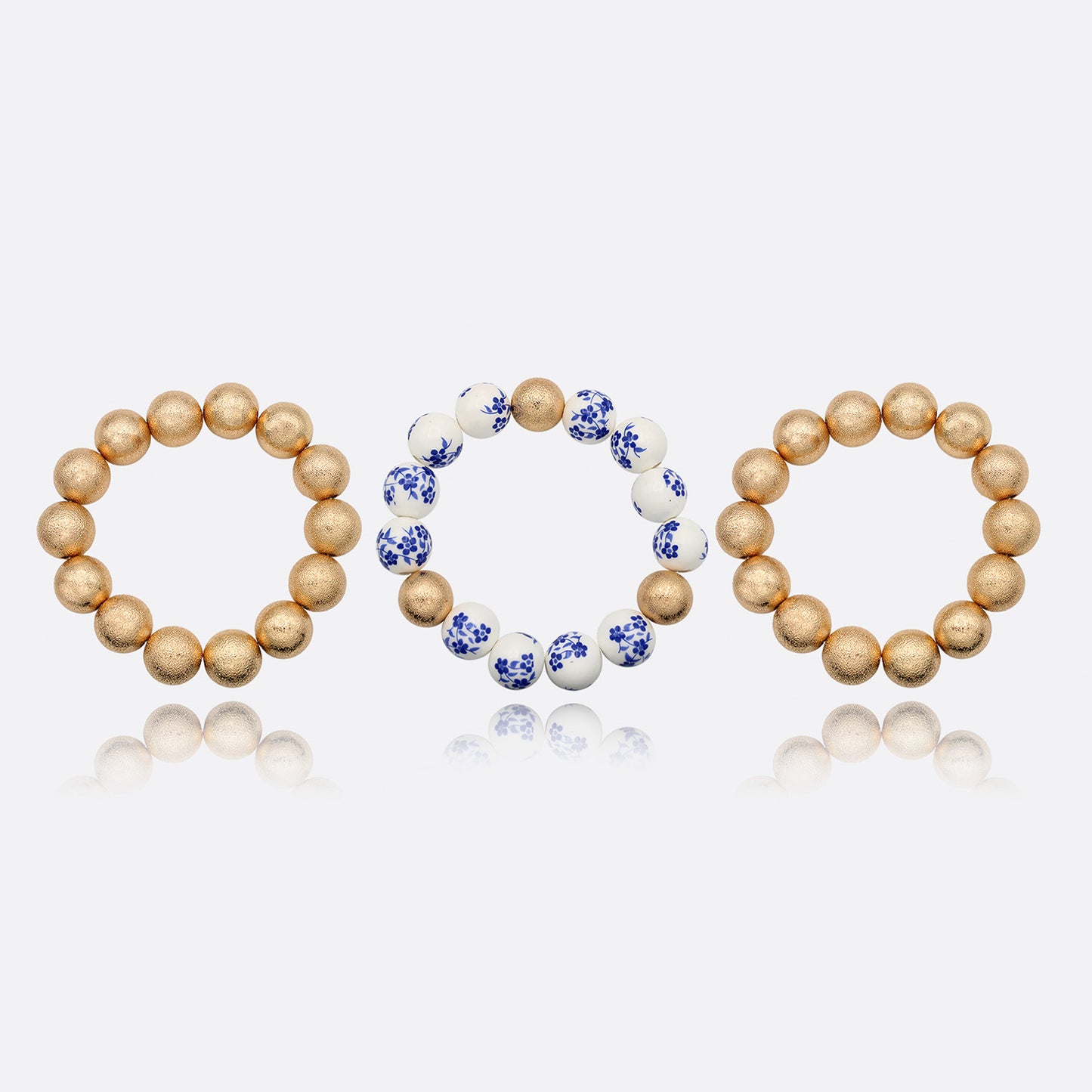 Textured Chunky Gold, Floral Ball Bead Bracelet 3 Set