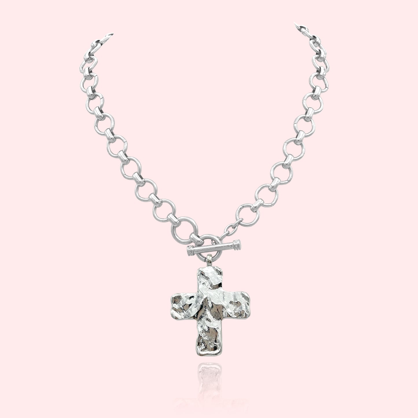 Hammered Bold Cross Necklace Thick Chain Set, Chunky Cross Statement Pendant Toggle Necklace, Handmade Toggle Hammered TextureCross Necklace