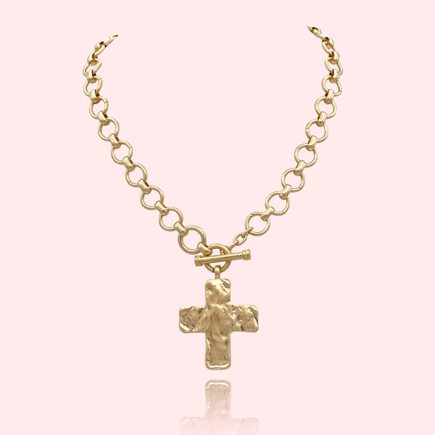 Hammered Bold Cross Necklace Thick Chain Set, Chunky Cross Statement Pendant Toggle Necklace, Handmade Toggle Hammered TextureCross Necklace