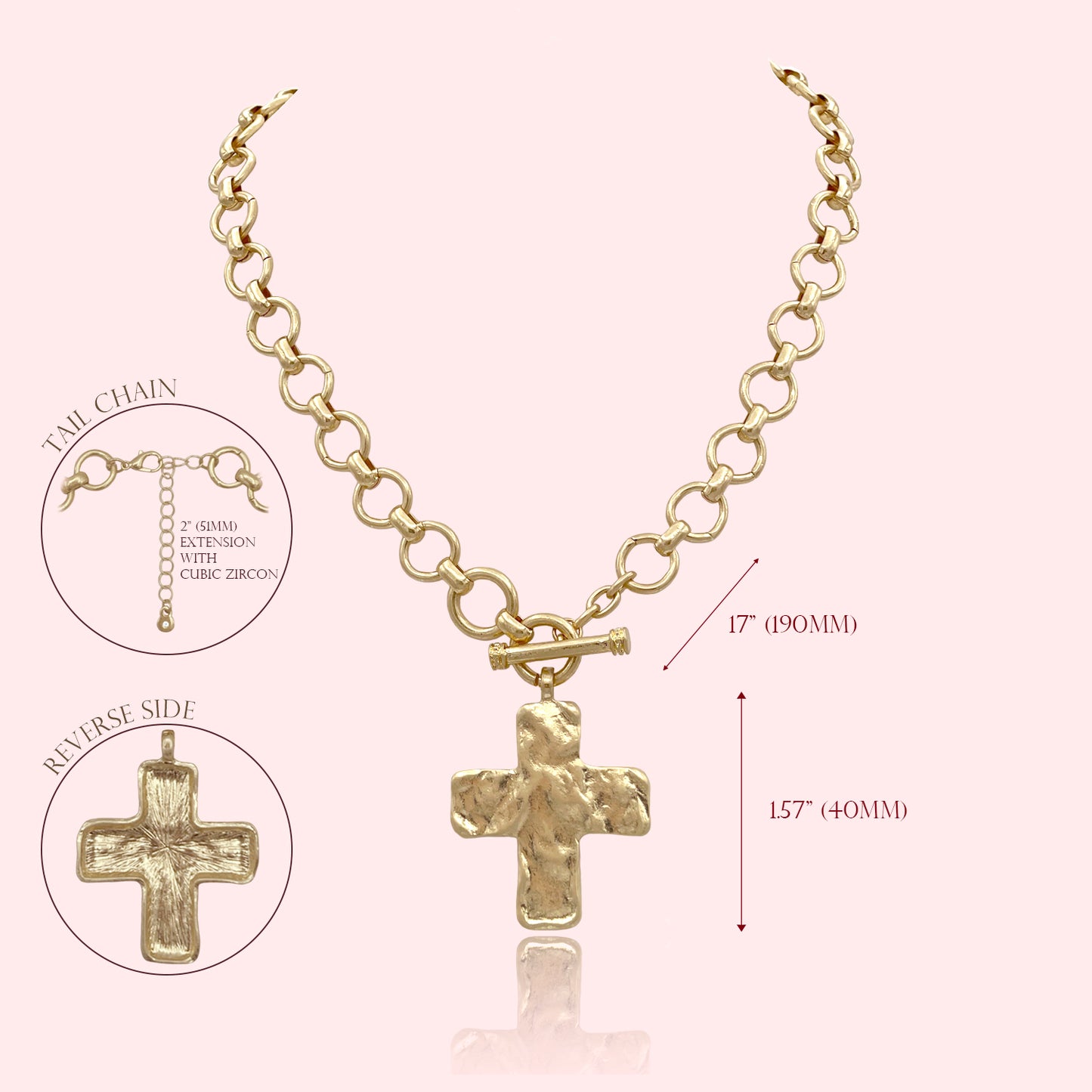 Hammered Bold Cross Necklace Thick Chain Set, Chunky Cross Statement Pendant Toggle Necklace, Handmade Toggle Hammered TextureCross Necklace