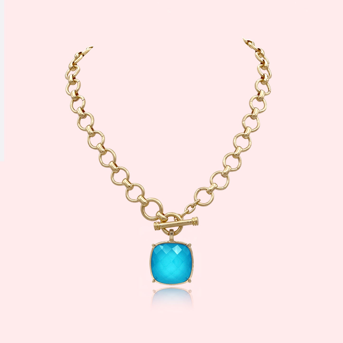 Statement Large Faceted Stone Pendant Toggle Necklace Thick Chain Set, Chunky Maxi Faceted Stone Pendant Statement Necklace