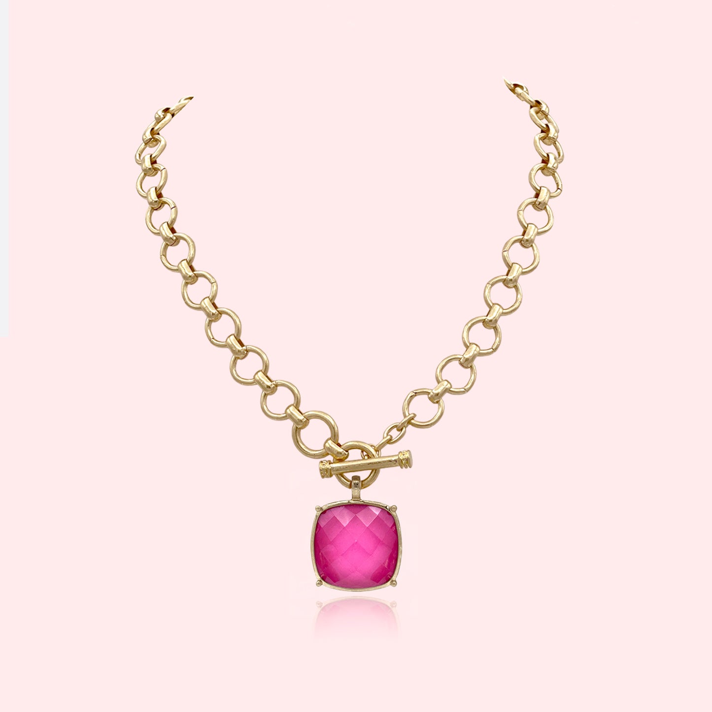Statement Large Faceted Stone Pendant Toggle Necklace Thick Chain Set, Chunky Maxi Faceted Stone Pendant Statement Necklace