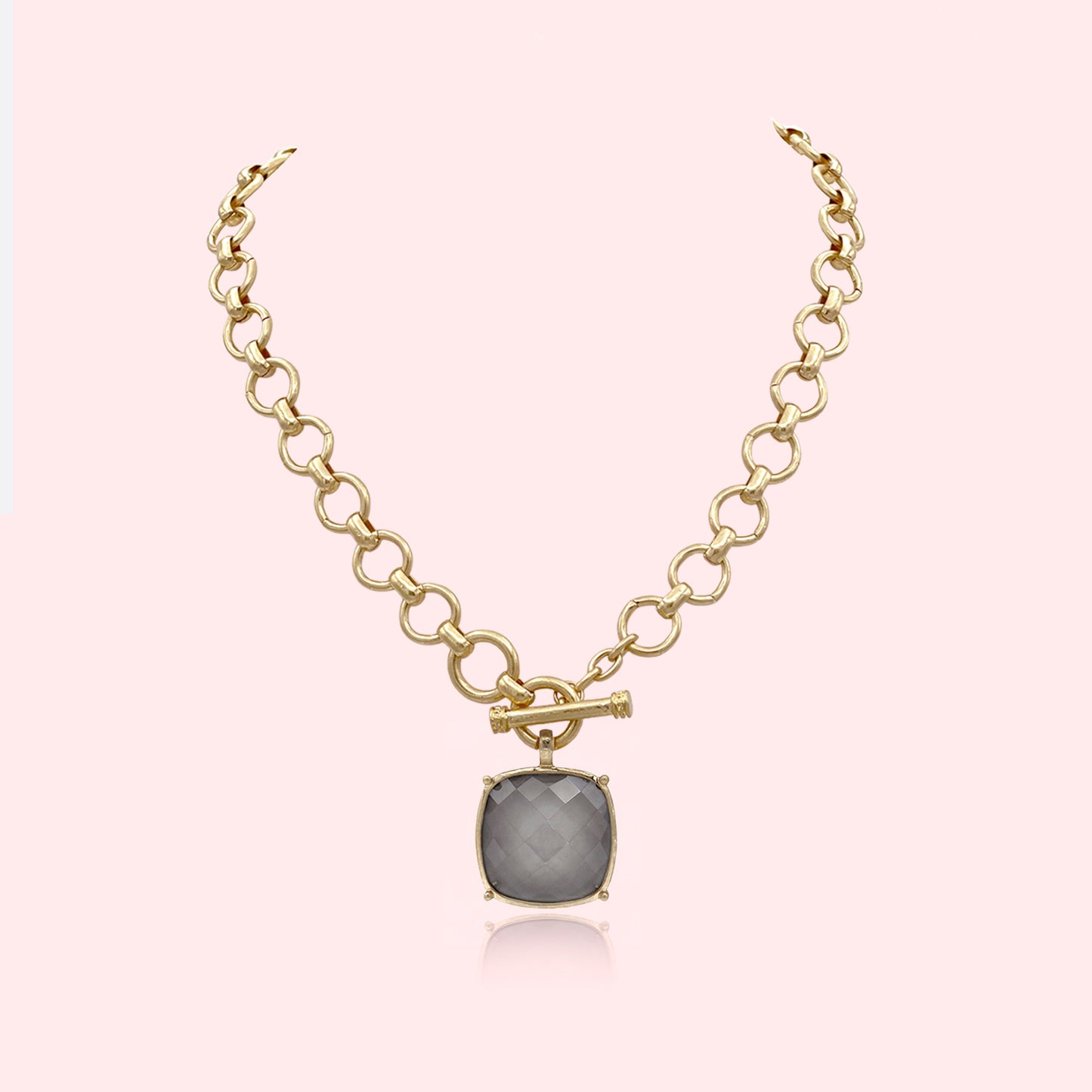 Statement Large Faceted Stone Pendant Toggle Necklace Thick Chain Set, Chunky Maxi Faceted Stone Pendant Statement Necklace