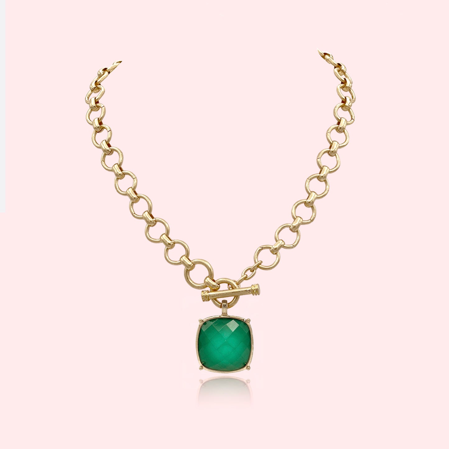 Statement Large Faceted Stone Pendant Toggle Necklace Thick Chain Set, Chunky Maxi Faceted Stone Pendant Statement Necklace