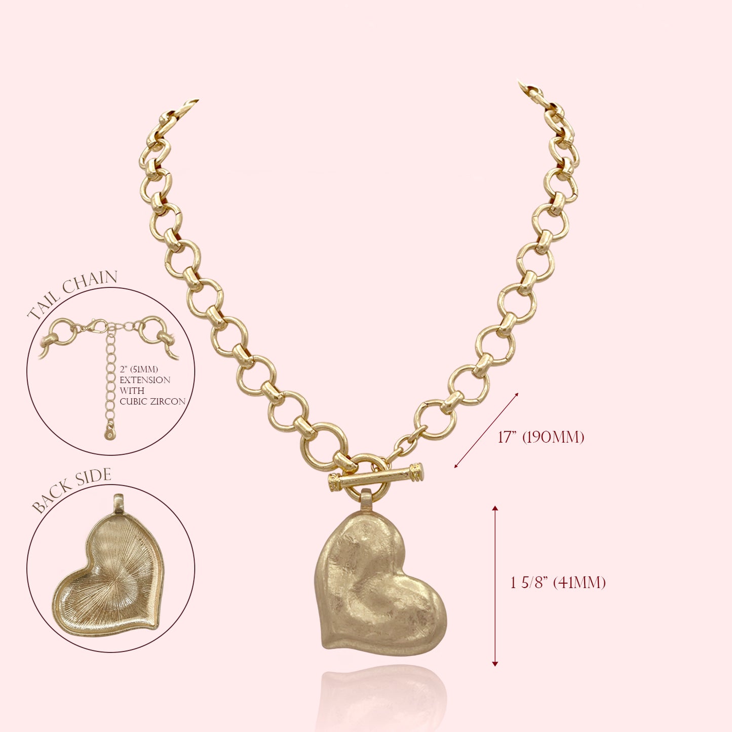 Hammered Bold Heart Necklace Thick Chain Set, Chunky Heart Statement Pendant Toggle Necklace, Hammered Heart Pendant Toggle Necklace