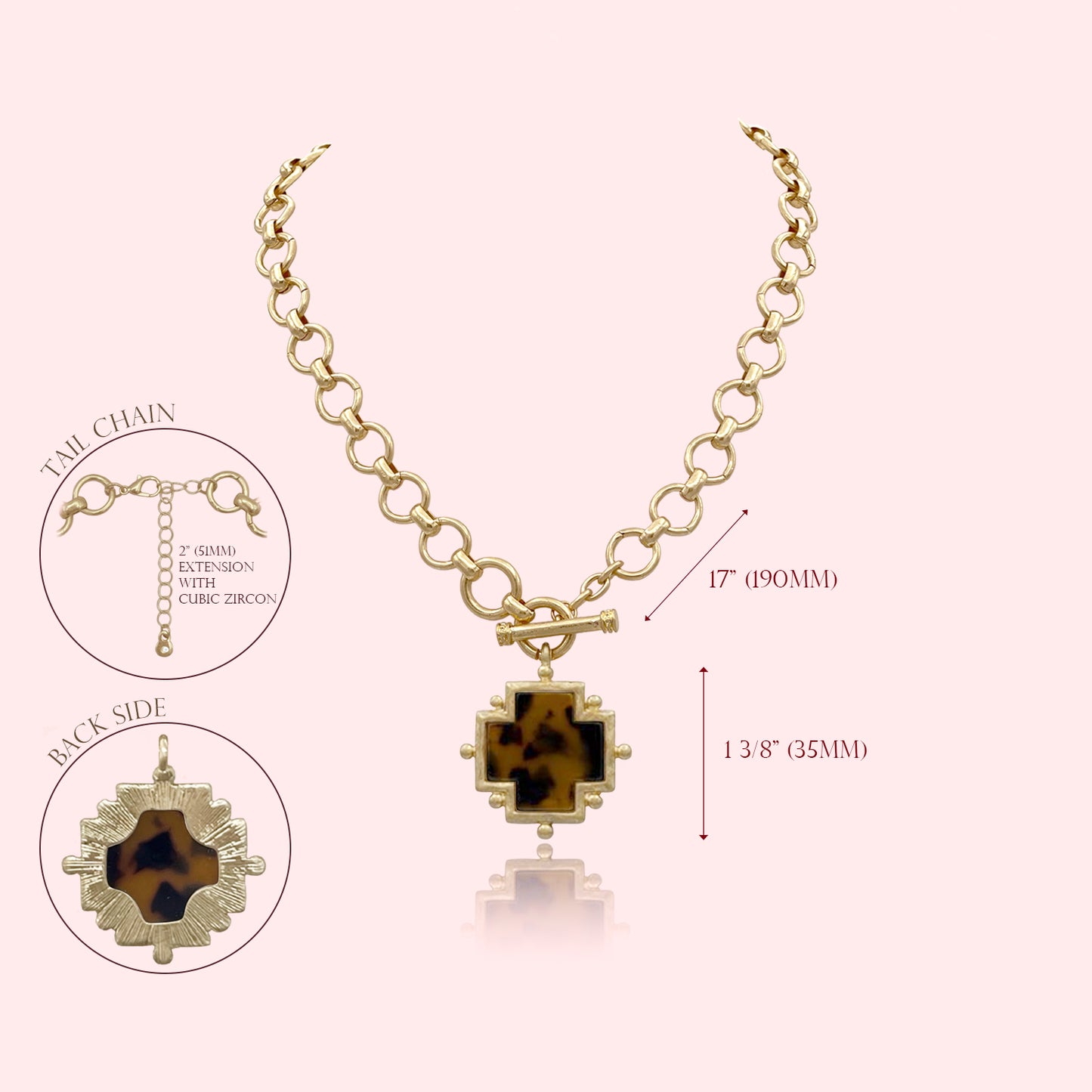 Hammered Bold Acetate Cross Necklace Thick Chain Set, Cross Statement Toggle Necklace, Handmade Hammered Tortoise and Pearl Cross Pendant