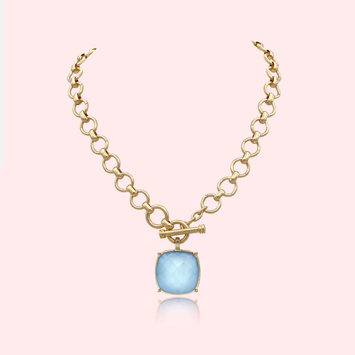 Statement Large Faceted Stone Pendant Toggle Necklace Thick Chain Set, Chunky Maxi Faceted Stone Pendant Statement Necklace