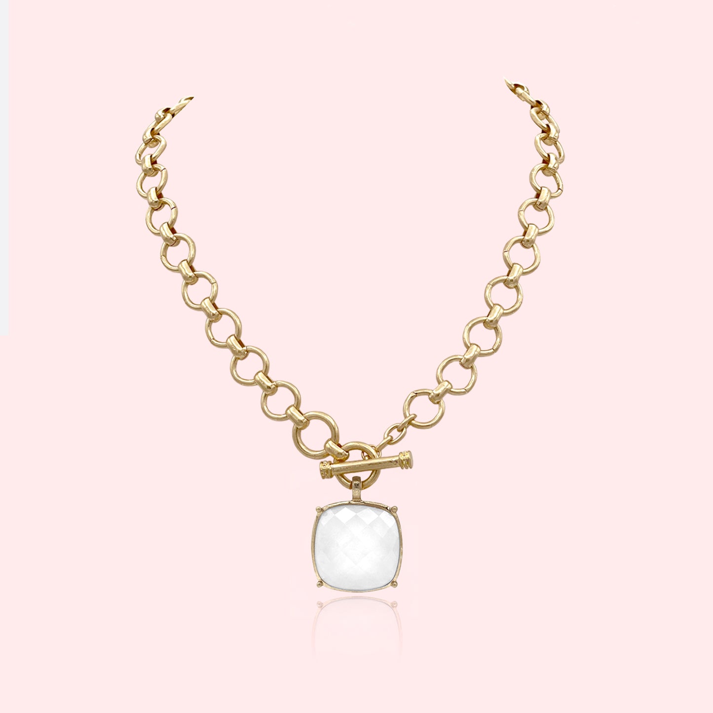 Statement Large Faceted Stone Pendant Toggle Necklace Thick Chain Set, Chunky Maxi Faceted Stone Pendant Statement Necklace