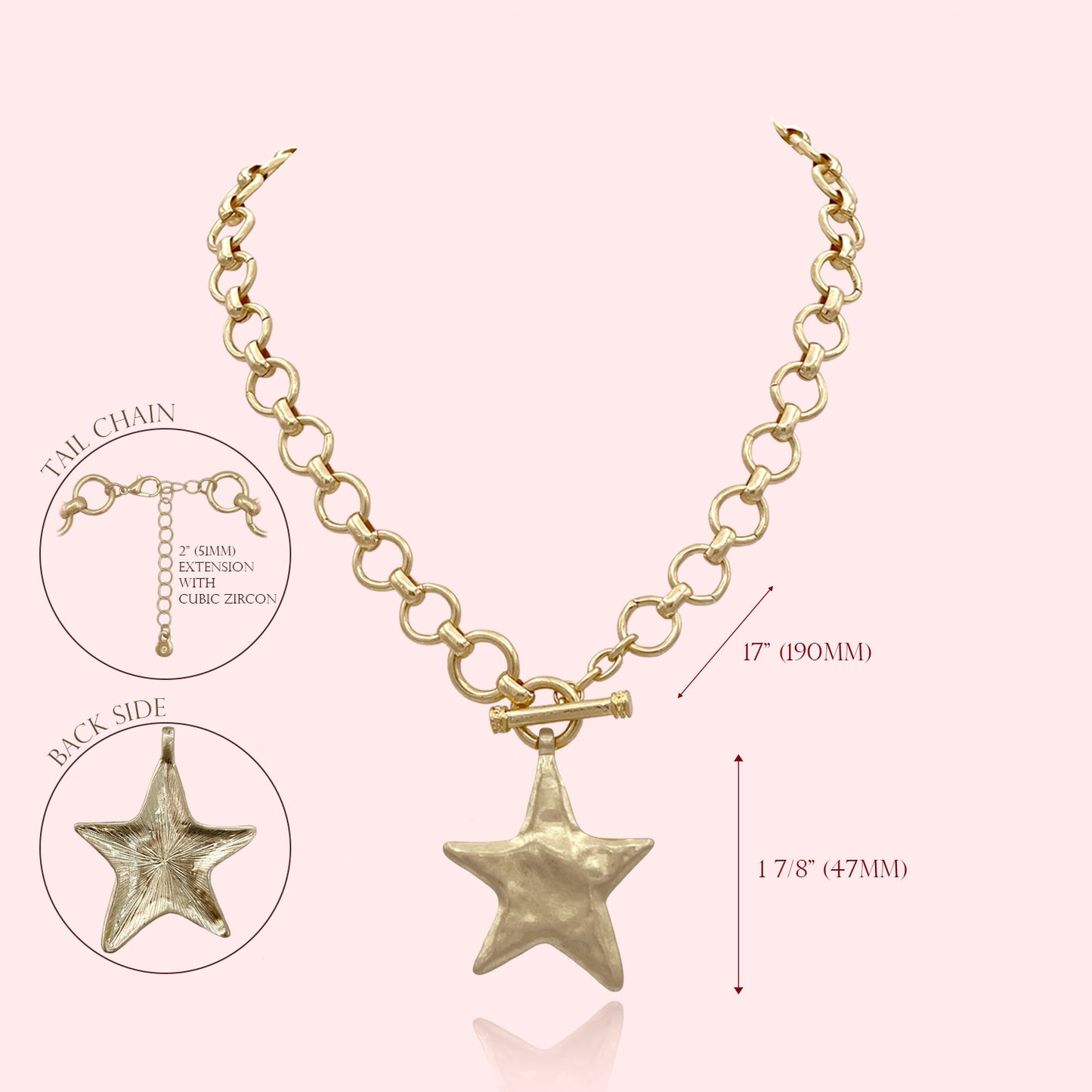Hammered Bold Star Necklace Thick Chain Set, Chunky Star Statement Pendant Toggle Necklace, Handmade Toggle Hammered Texture Star Necklace