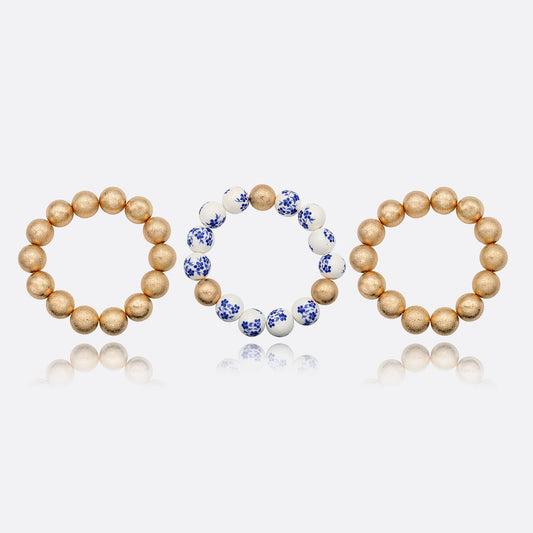 Textured Chunky Gold, Floral Ball Bead Bracelet 3 Set