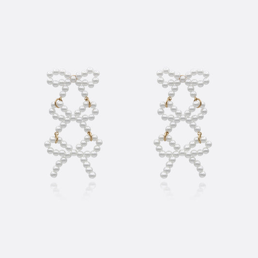 3-Drop Pearl Beaded Bow Earrings