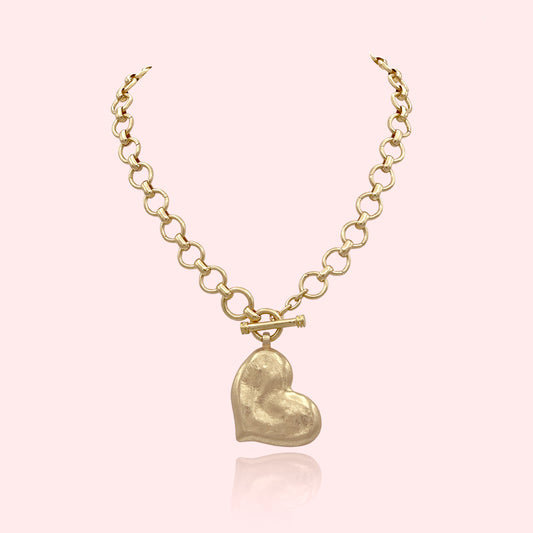 Hammered Bold Heart Necklace Thick Chain Set, Chunky Heart Statement Pendant Toggle Necklace, Hammered Heart Pendant Toggle Necklace