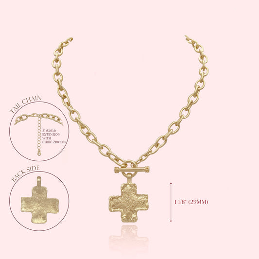 Maison Hammered Cross Necklace Toggle Chain Set, Textured Vintage Gold Statement Cross Pendant Necklace, Cross Pendant Toggle Necklace