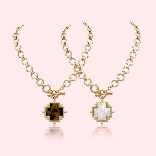 Hammered Bold Acetate Cross Necklace Thick Chain Set, Cross Statement Toggle Necklace, Handmade Hammered Tortoise and Pearl Cross Pendant