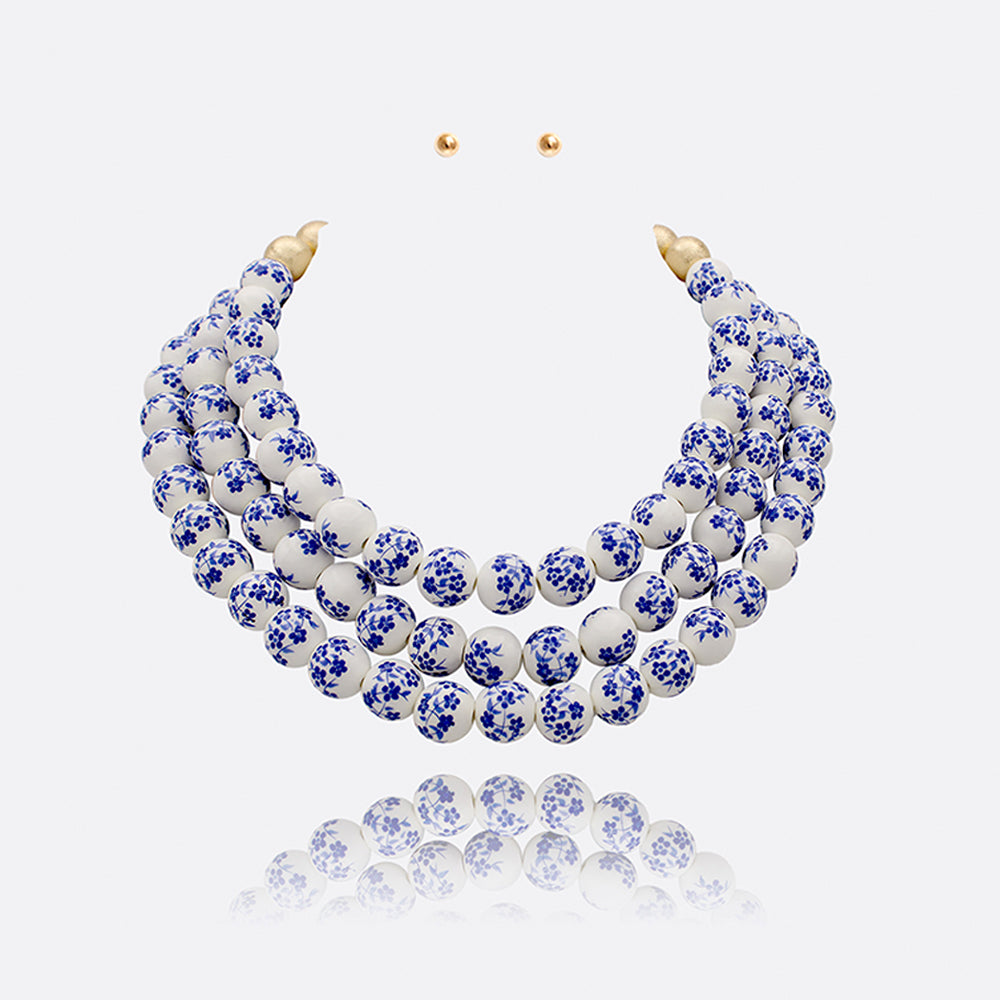 3-Layered Beaded Floral Ceramic Ball Necklace