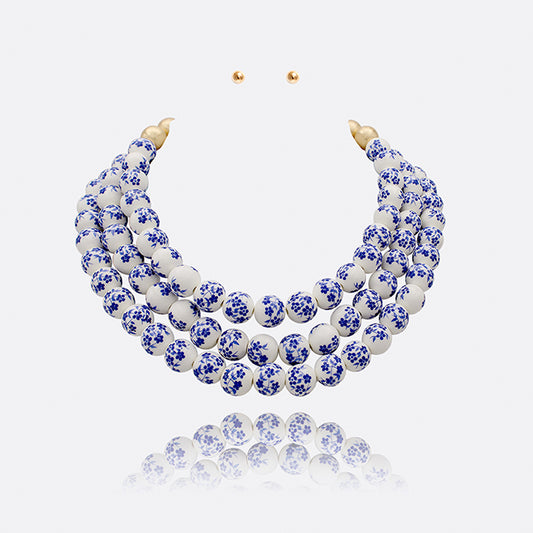 3-Layered Beaded Floral Ceramic Ball Necklace