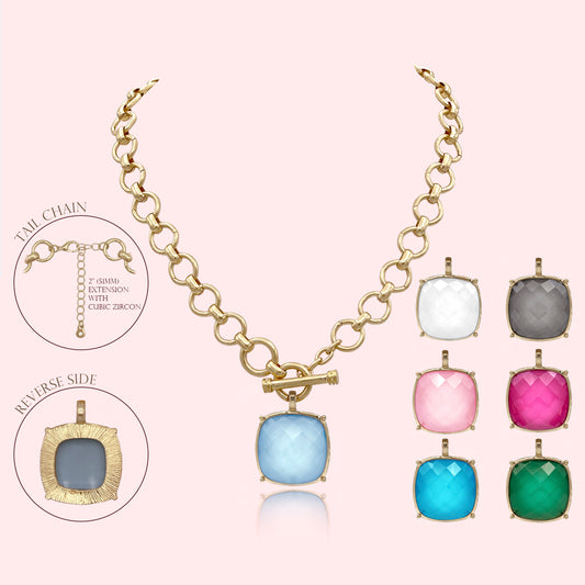 Statement Large Faceted Stone Pendant Toggle Necklace Thick Chain Set, Chunky Maxi Faceted Stone Pendant Statement Necklace